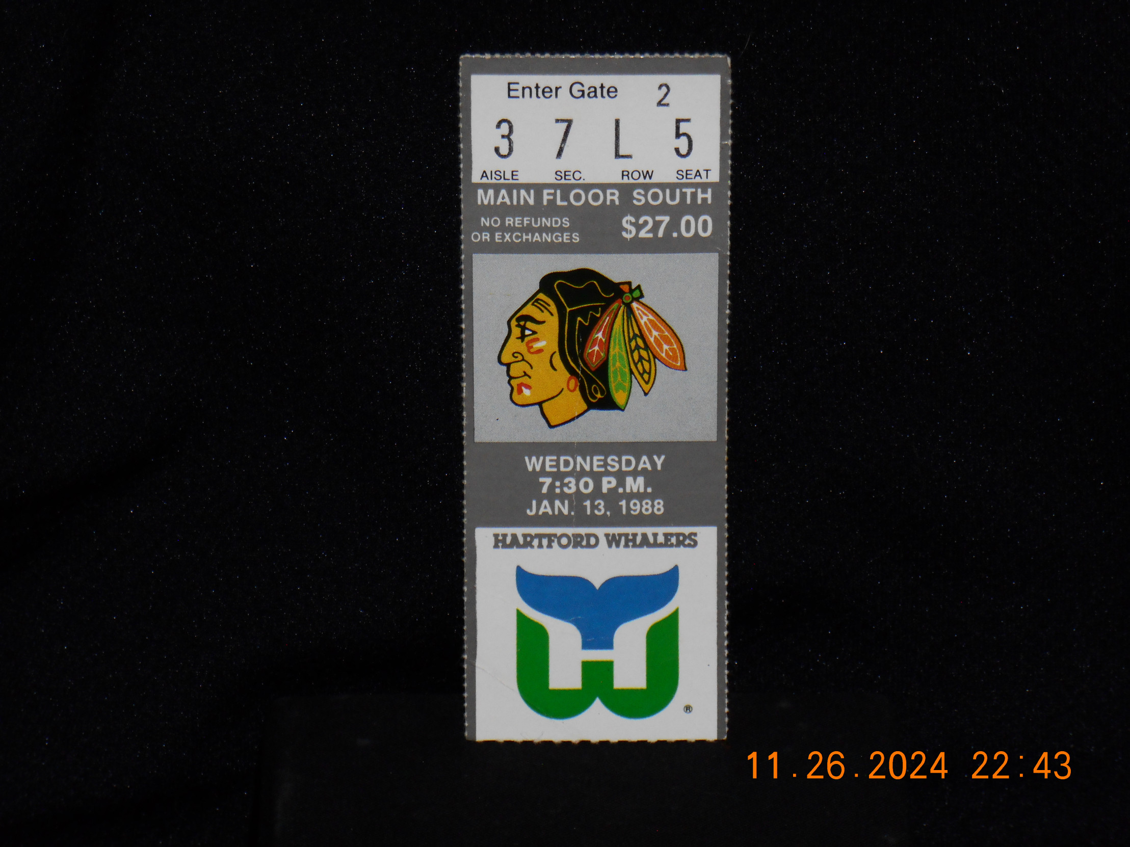 Blackhawks vs Whalers Ticket Stub