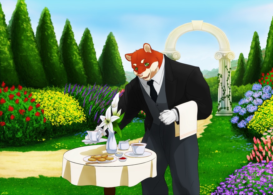 Dapper Bear serving tea and crumpets