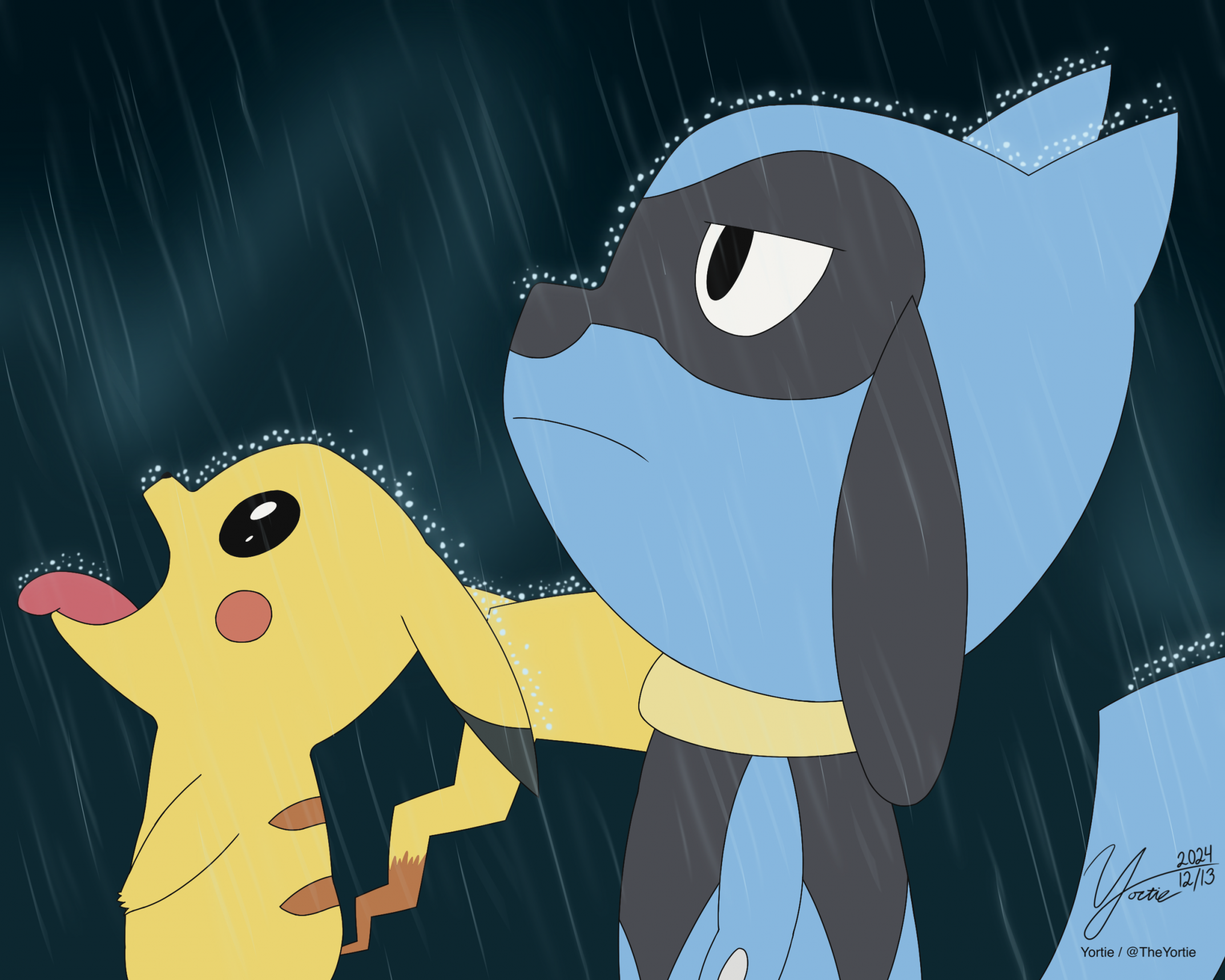 Pikachu and Riolu in the rain