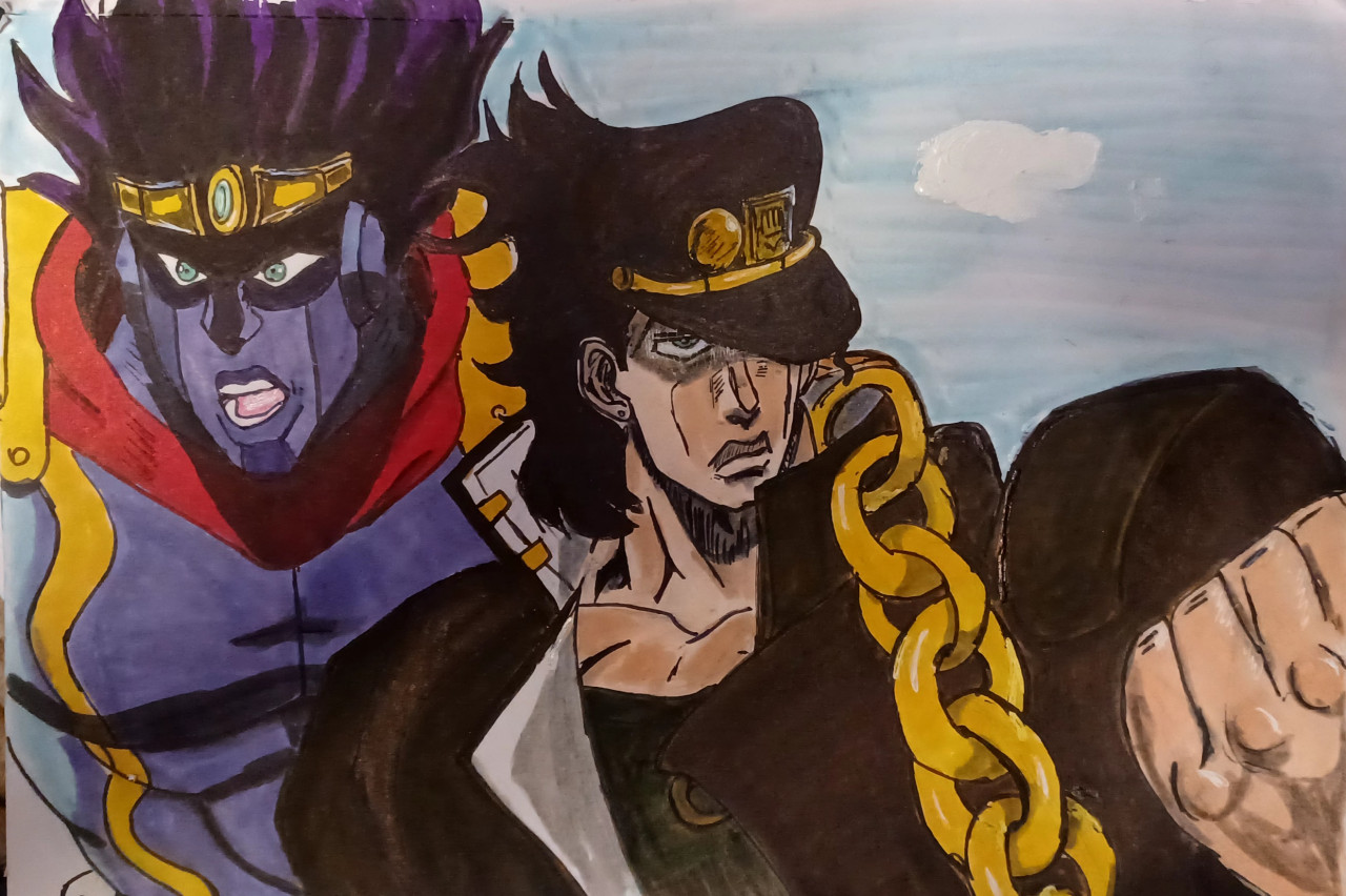 Can anybody merge these two pics together with Star Platinum being behind  Jotaro ? Thanks in advance. :) : r/StardustCrusaders