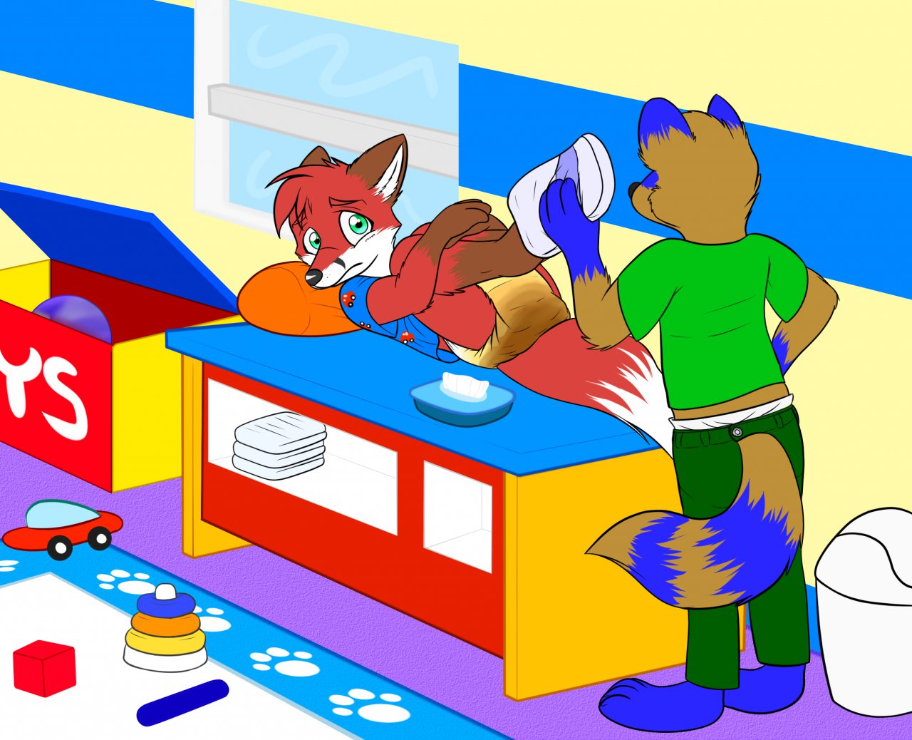 Foxy try to cover his messy diaper. 