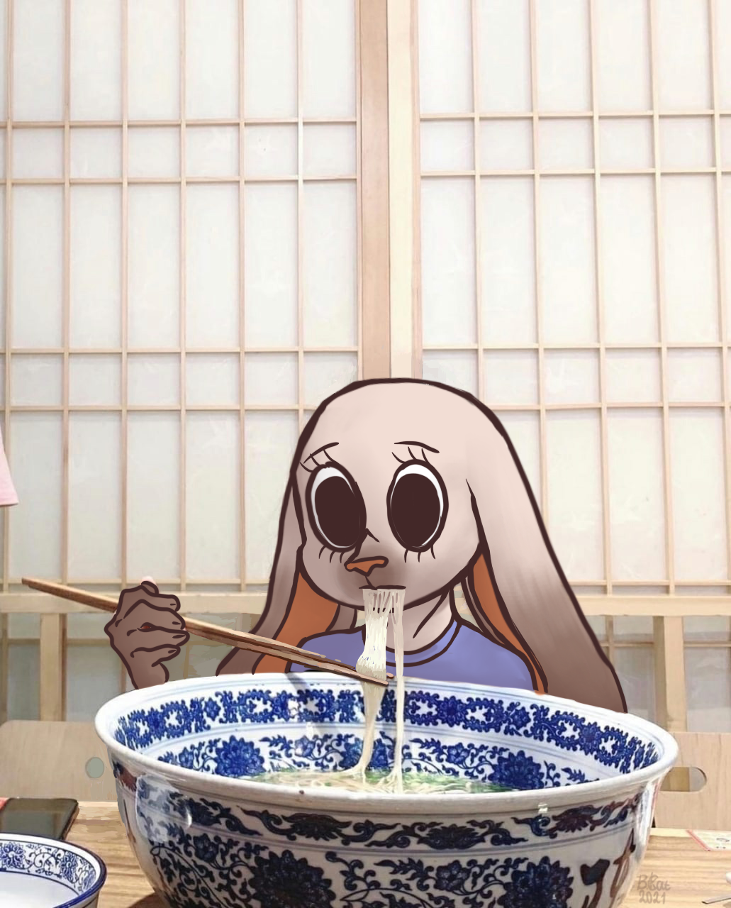 Rabbit-bunny eating noodles