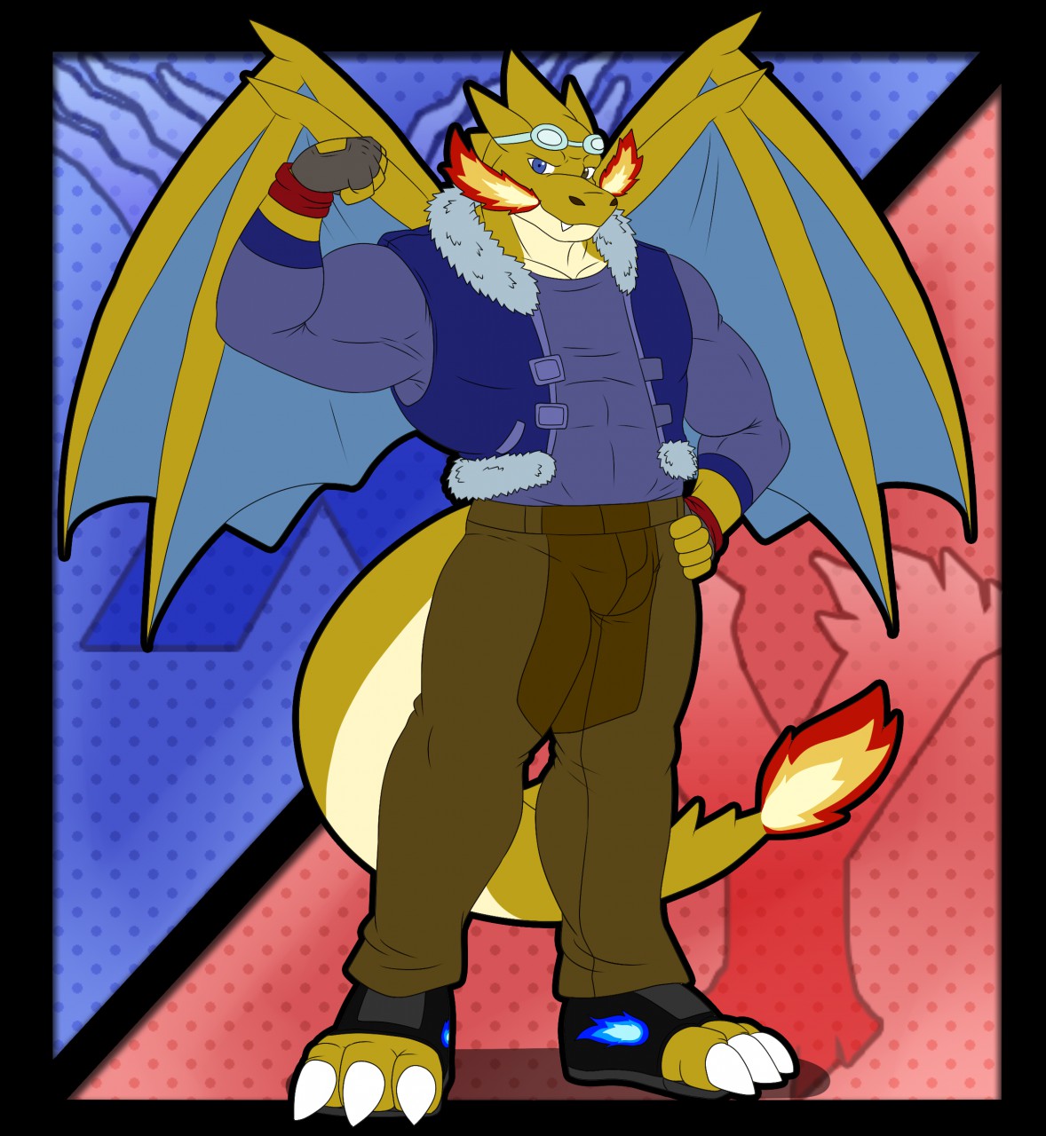 Illustration of a fusion between mega charizard y and mega charizard x