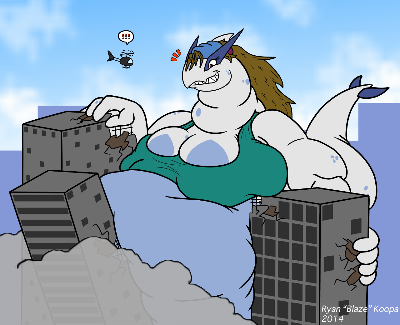 Giant chubby shiny inflatable lugia-looking dragon, standing above