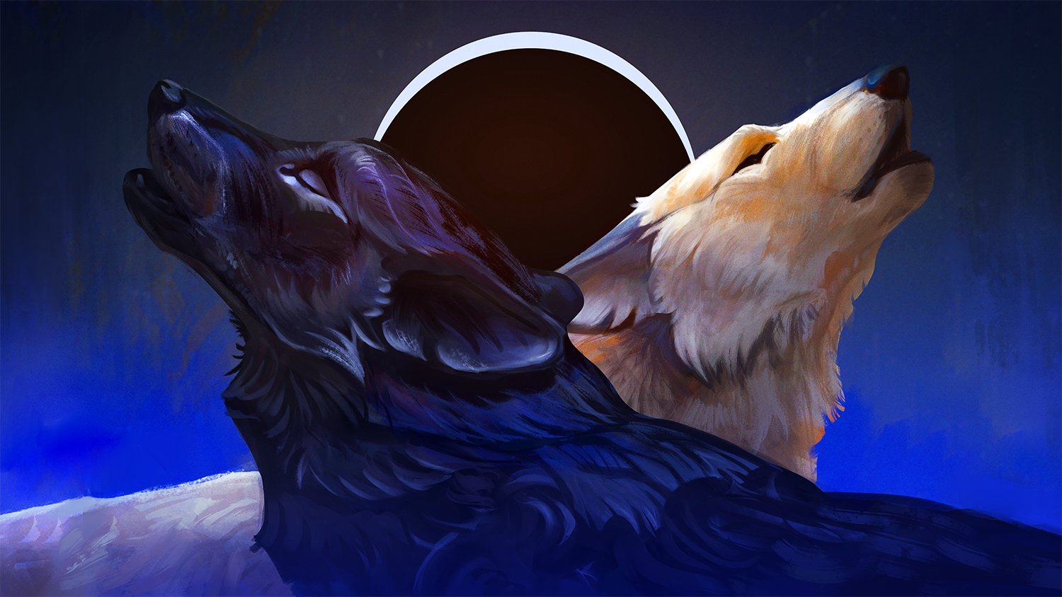 Two wolves in winter. One howls - desktop wallpapers