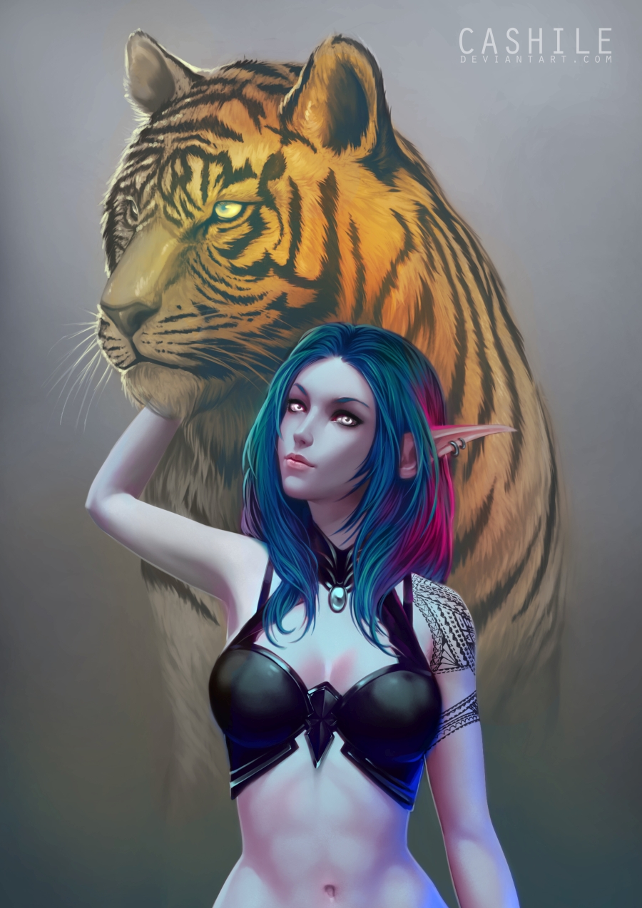 Эльфийка с тигром
