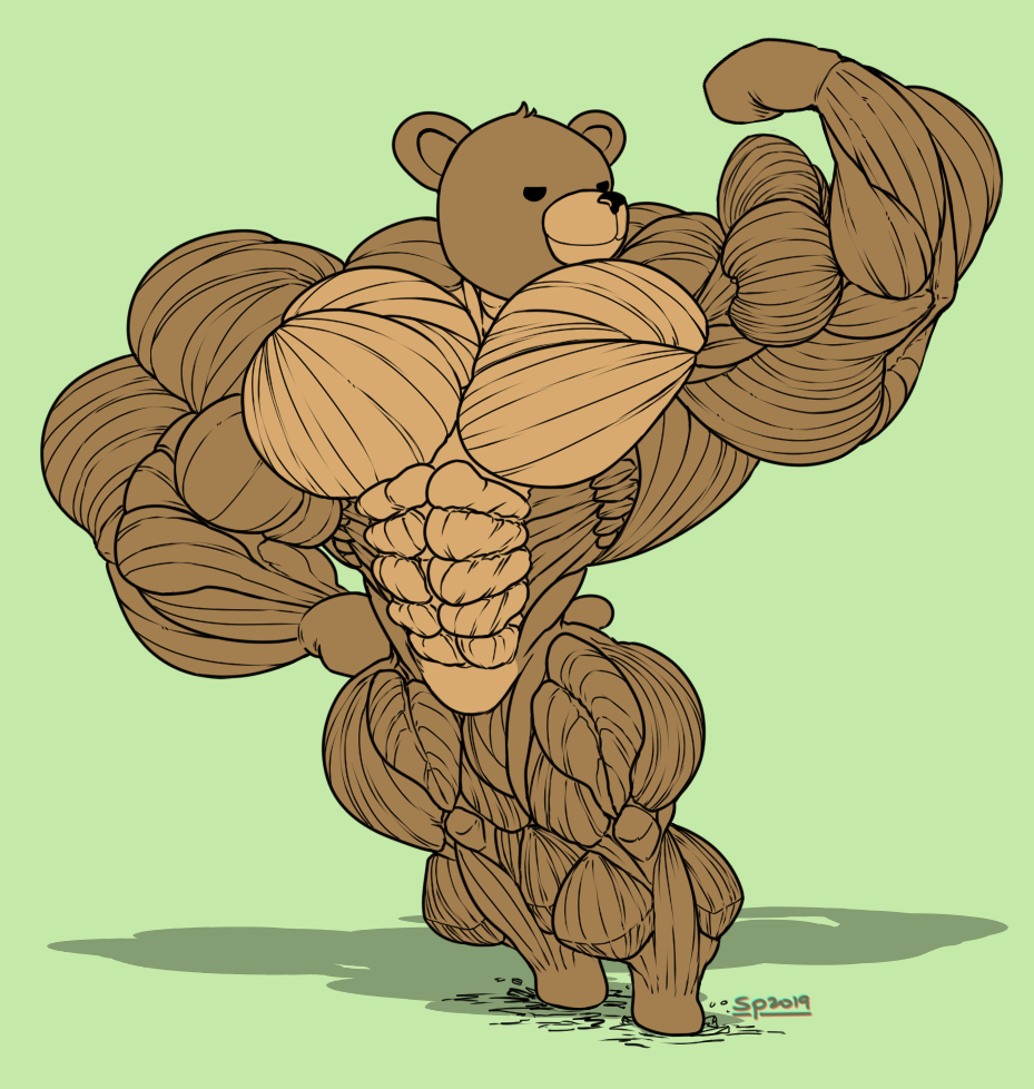 Views. bear. flexing. hyper_muscle. quads. biceps. calves. teddy. 
