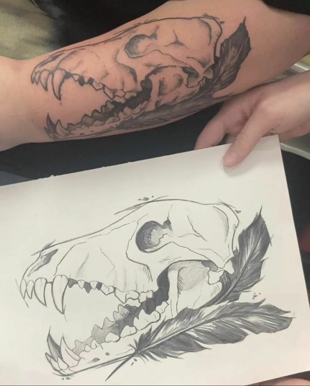 Floral And Wolf Skull Tattoo On forearm