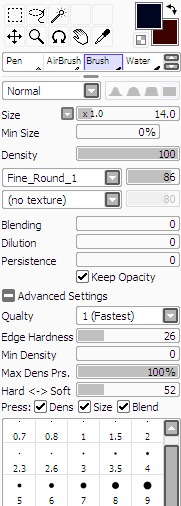 Mini SAI guide - Blending (color blending), Dilution (opacity mix), and  Persistence settings.