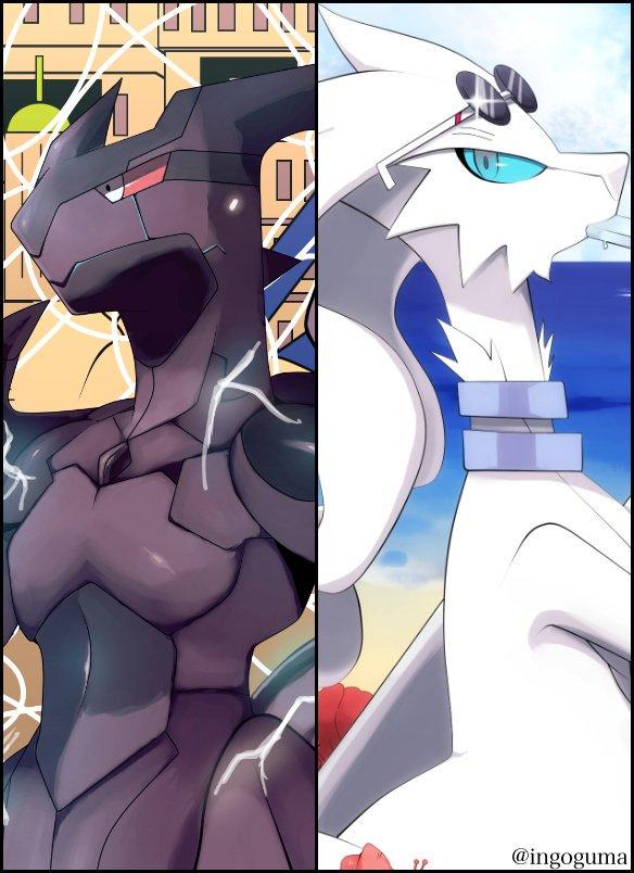 reshiram and zekrom (pokemon) drawn by agakunoda