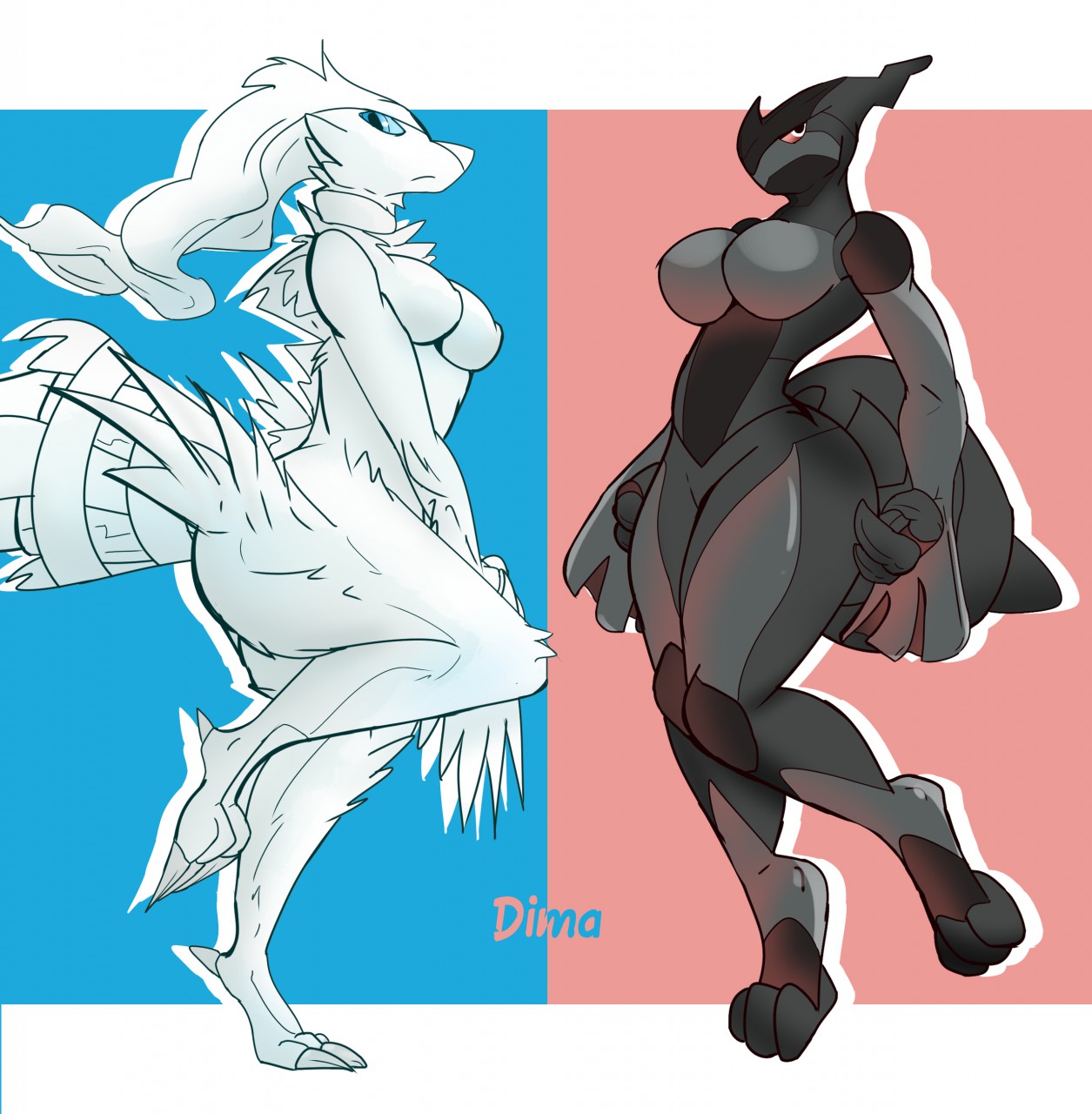 reshiram and zekrom (pokemon) drawn by futena_goze