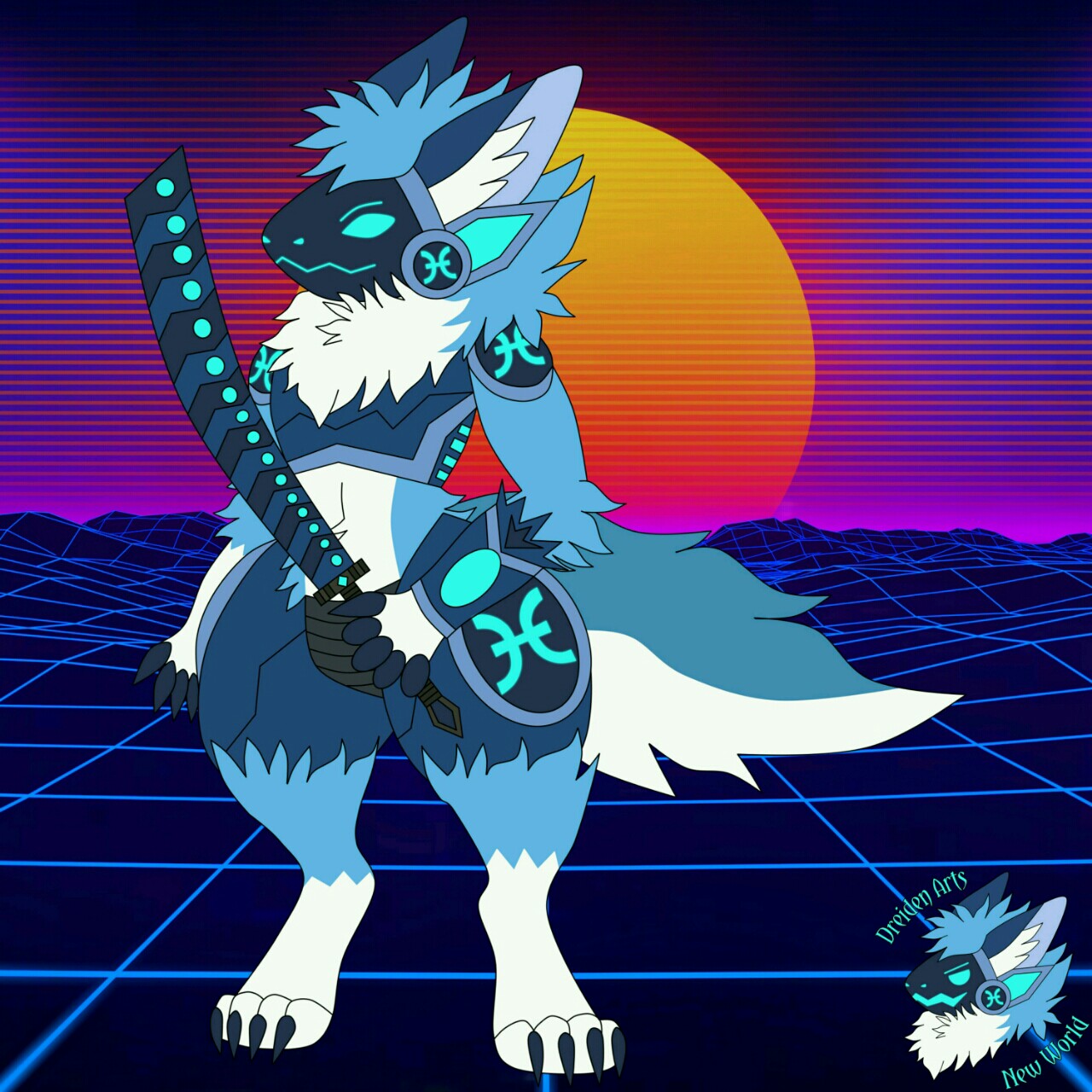 Anthro protogen with blue accents and unique horns and tail