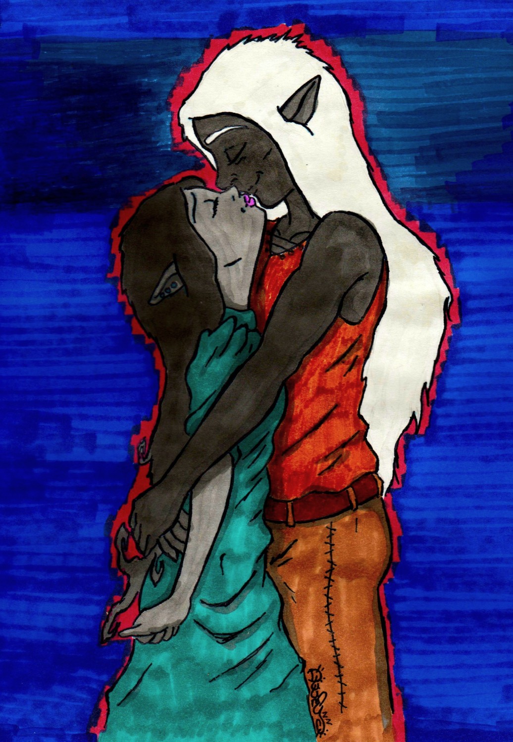 couple kissing standing drawing