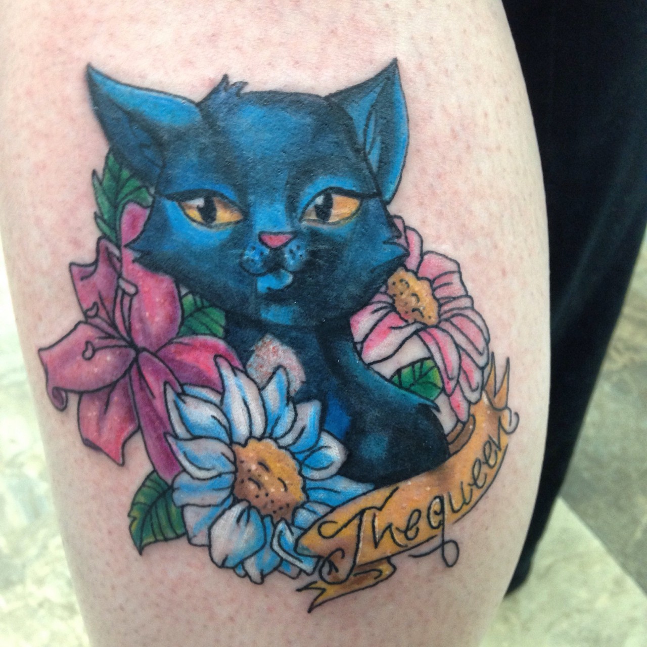 A memorial tattoo by artist Cisco for a client. I can confirm B. Kliban has  drawn a cat hanging on and looking back, many cats wearing l... | Instagram