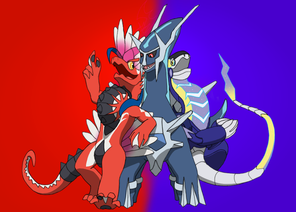 Koraidon, Miraidon and daddy Dialga by elzataerinn -- Fur Affinity