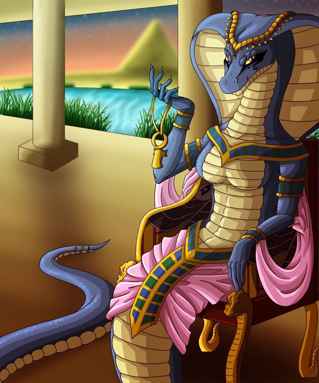 Quality art of a naga and an anthro reptile queen having tea together