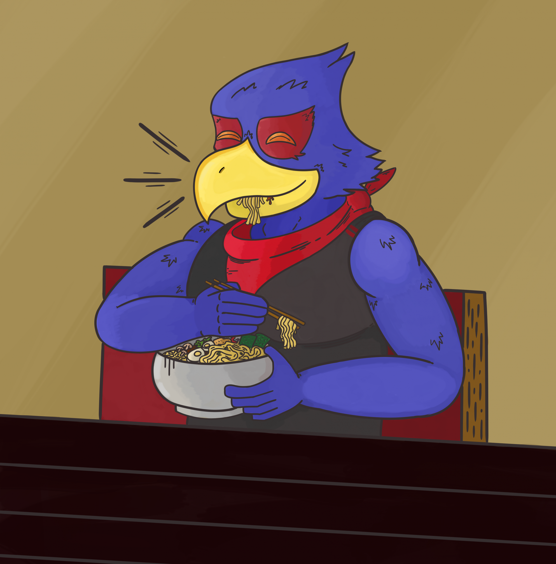 Falco eating some noodles