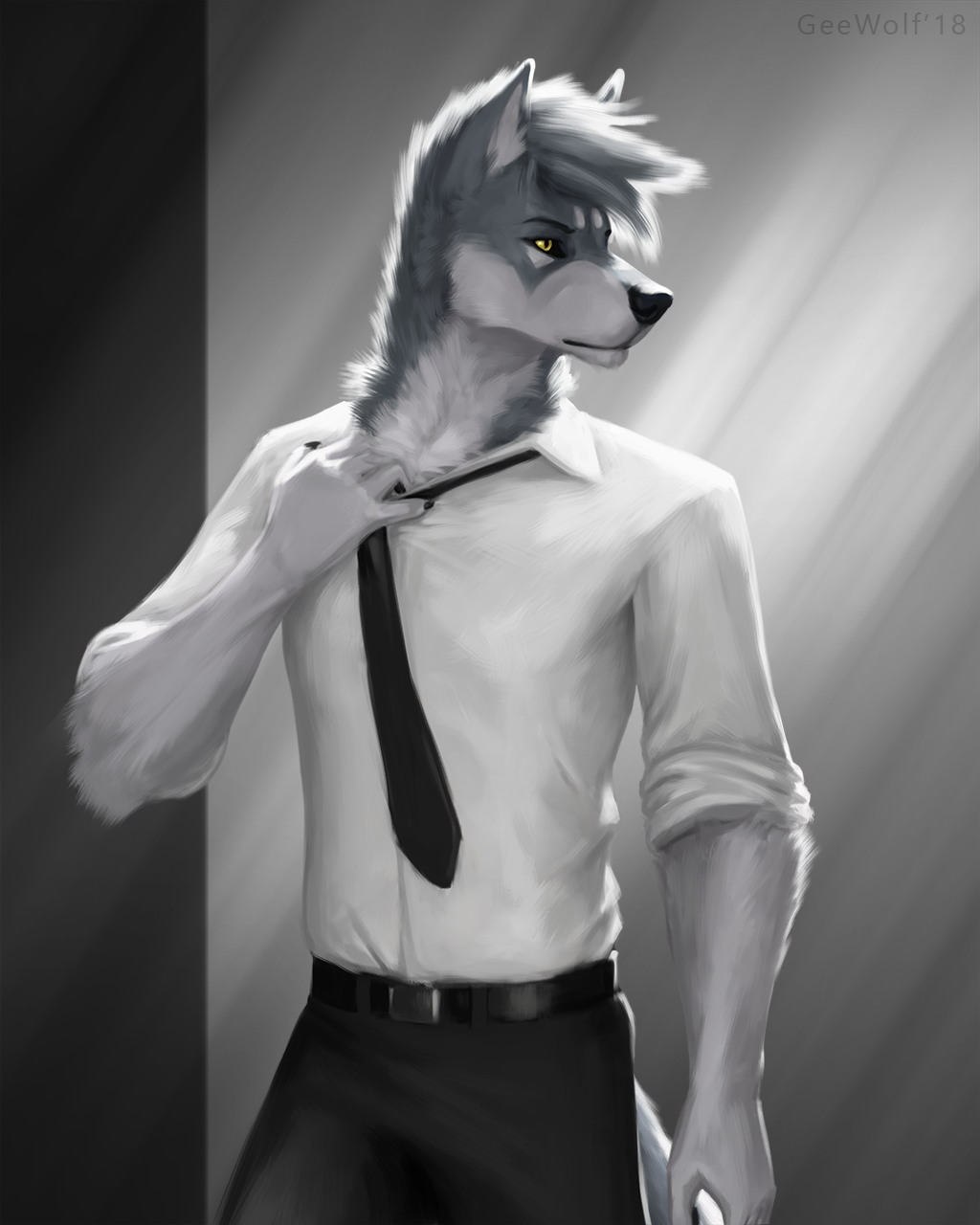 a portrait of a furry wolf wearing a tshirt and pants