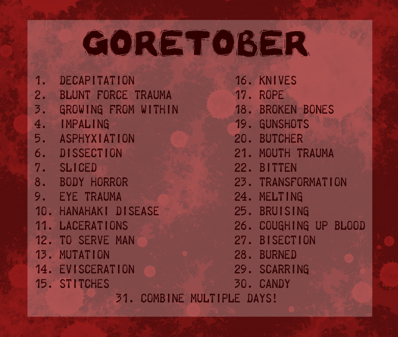 Goretober List [2019] by GlimmerGutss -- Fur Affinity [dot] net