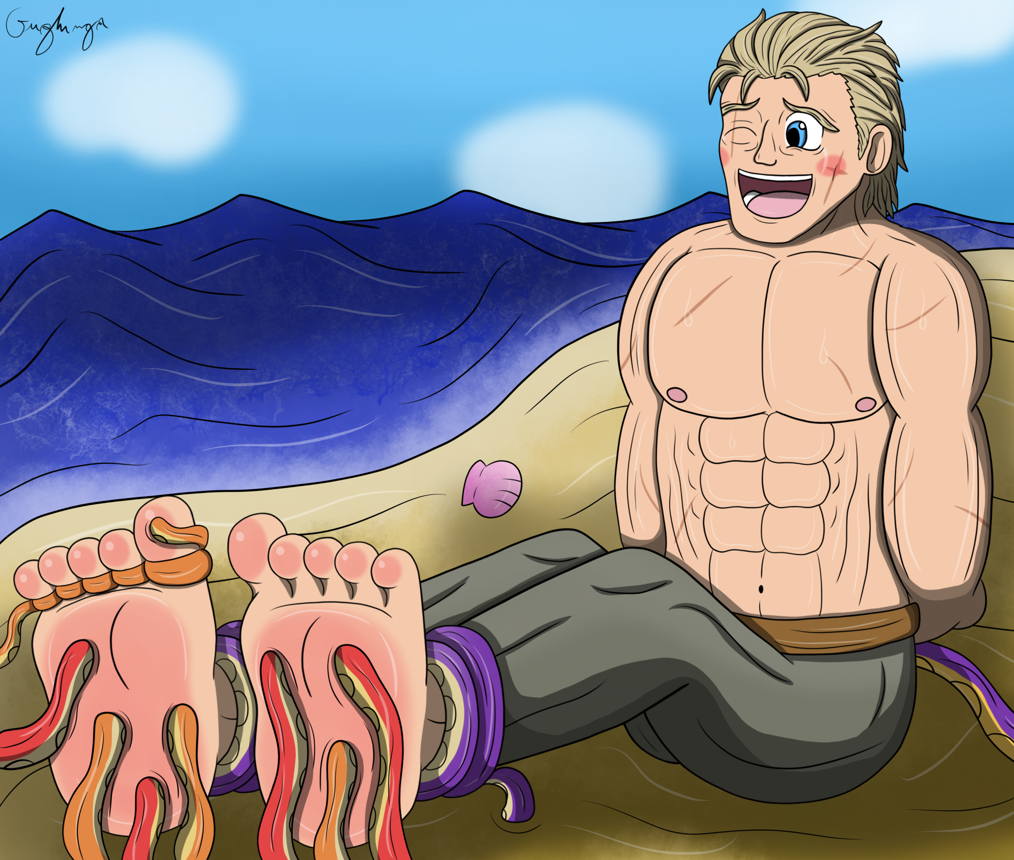 Ogma, big feet tickled on the beach by gughinga -- Fur Affinity [dot] net