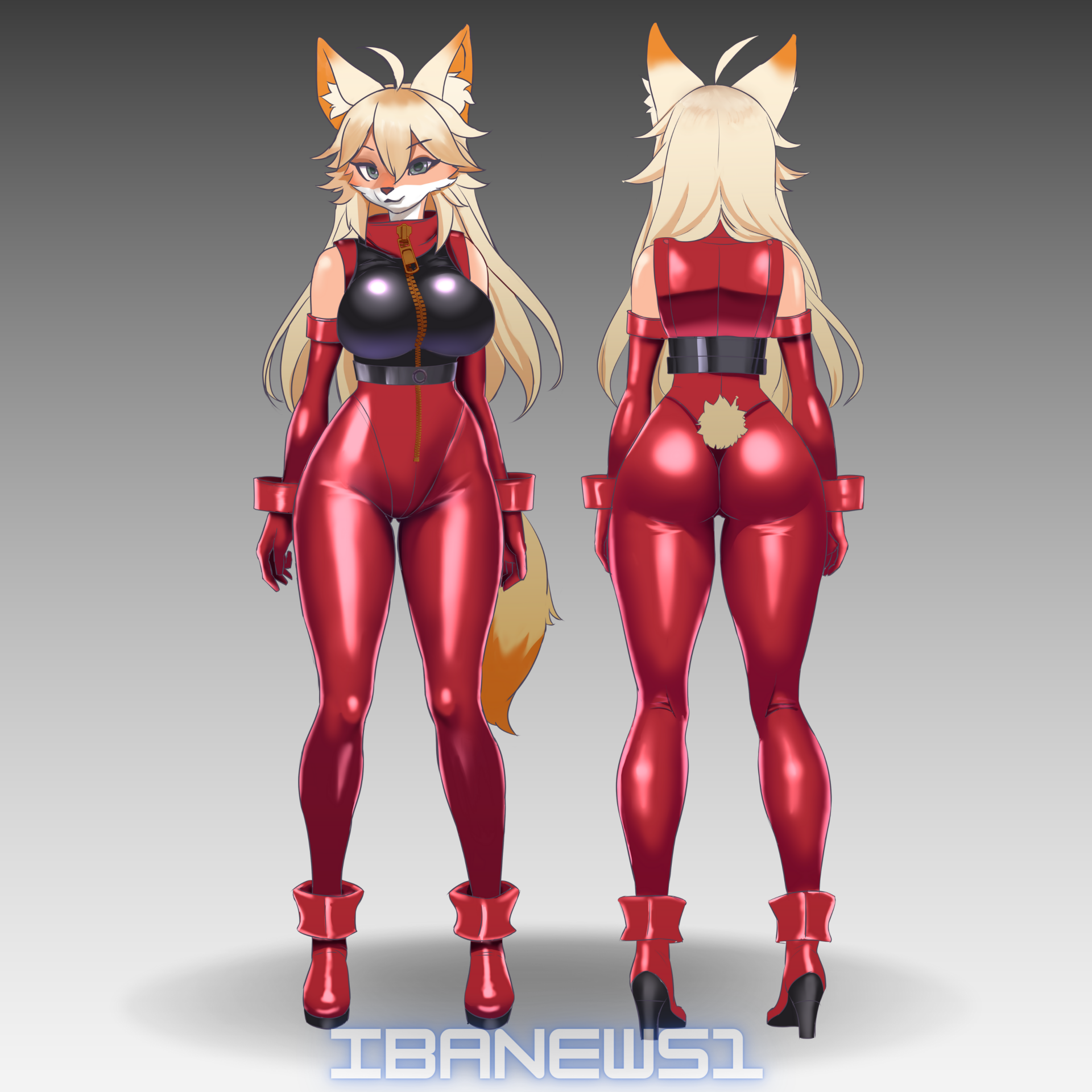 Furry fox woman in a bodysuit