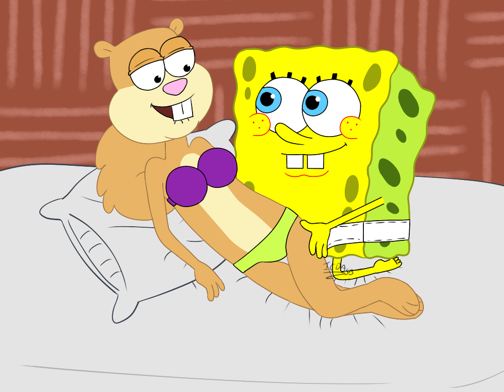 SpongeBob and Sandy in bed. 