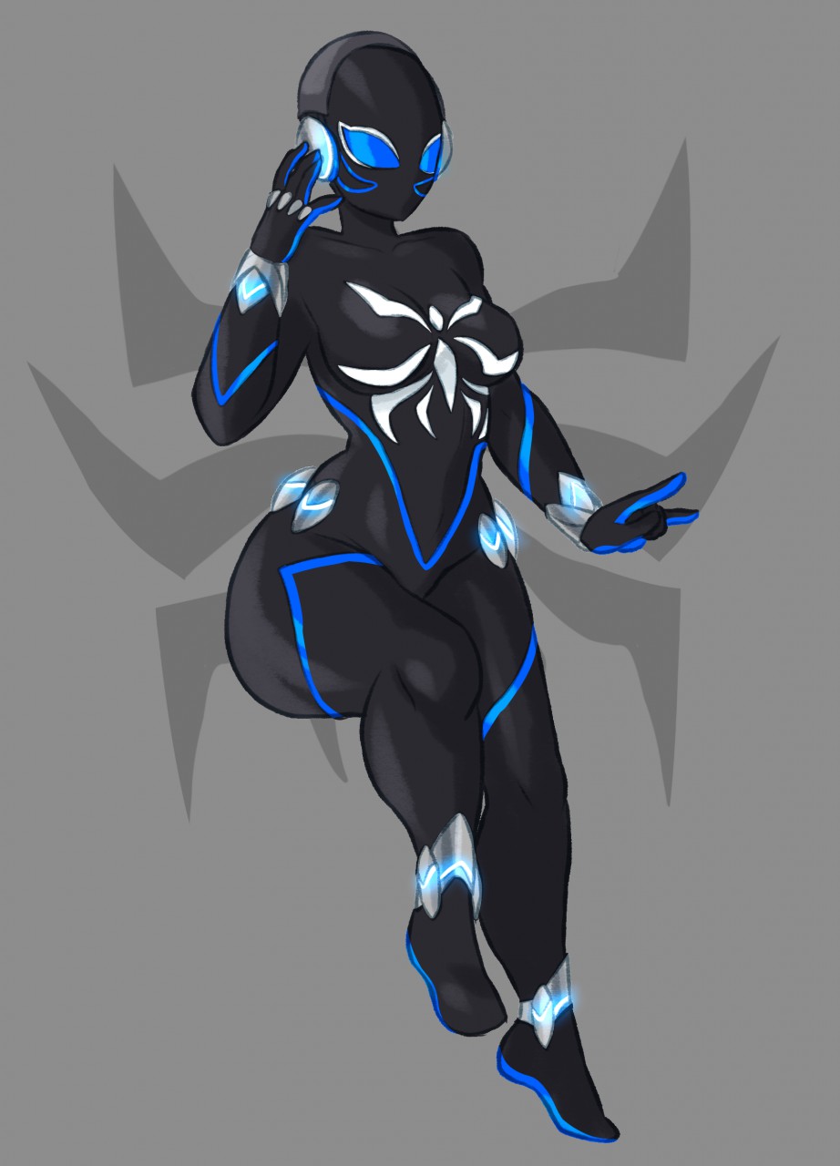 Spidersona of a curly haired boy, a black and blue spider suit but