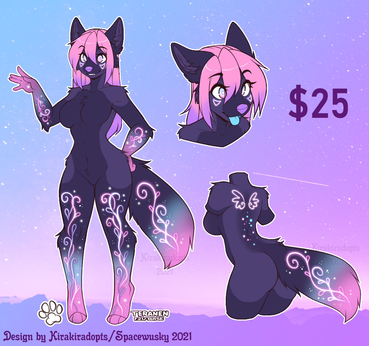 Female Neon Character Fursona Adopt OC design Full reference shops (ref sheet) with extra art (fullbody, chibi)