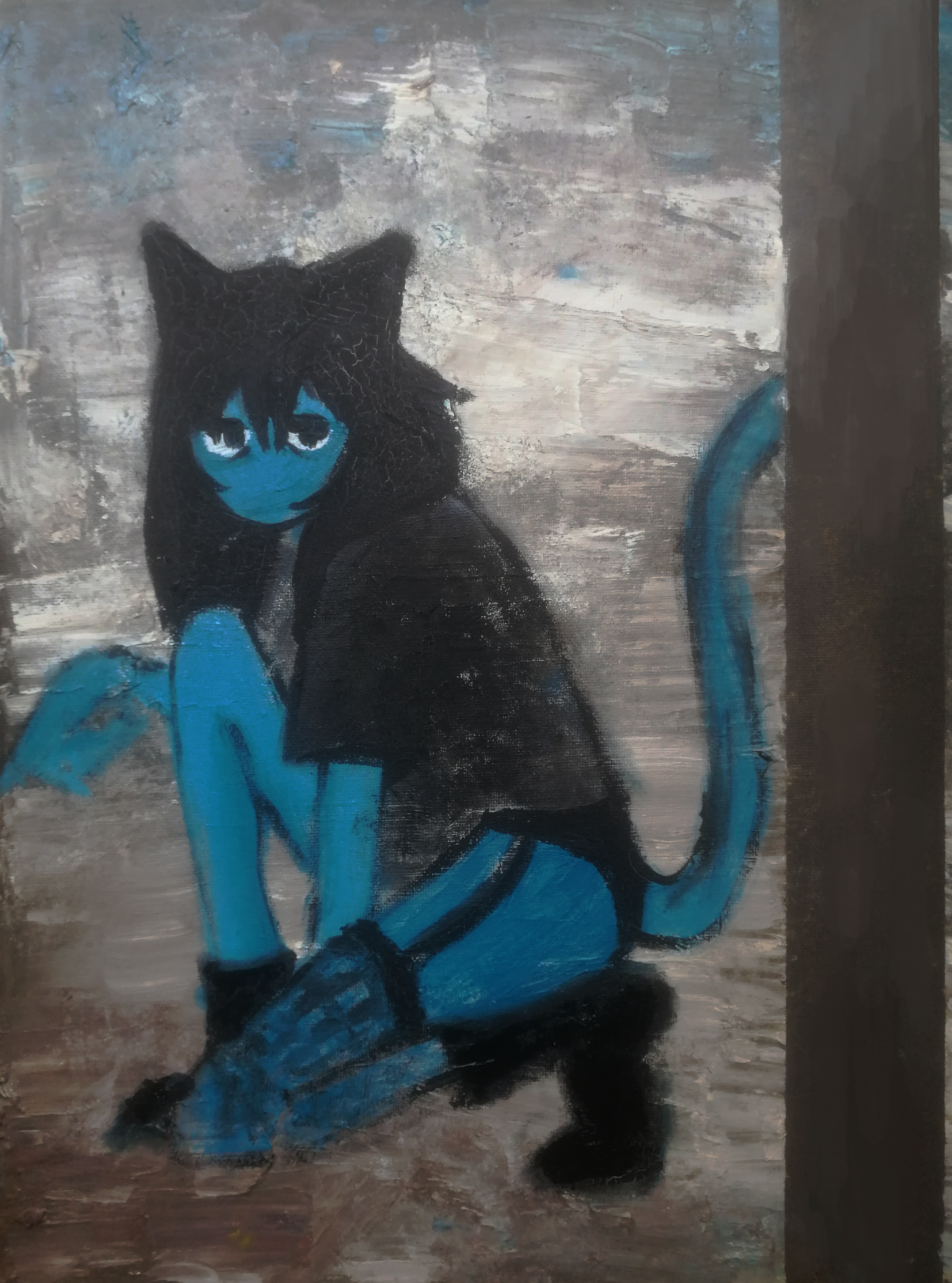 Oil painted blue catgirl