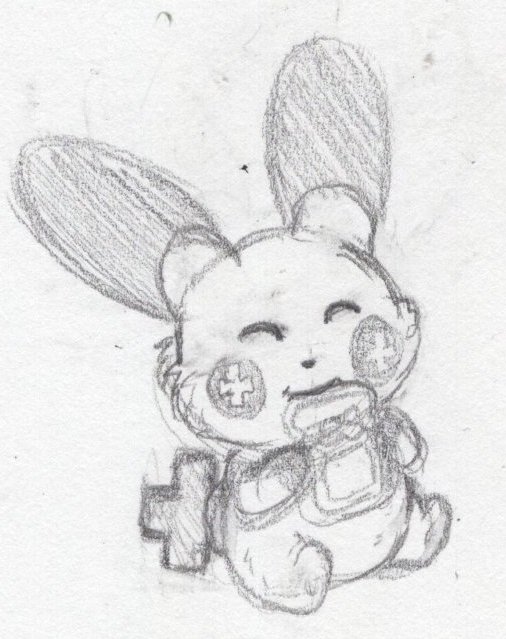 a Sketch of Ry the Plusle nibbling on a sticker and being cute as can be