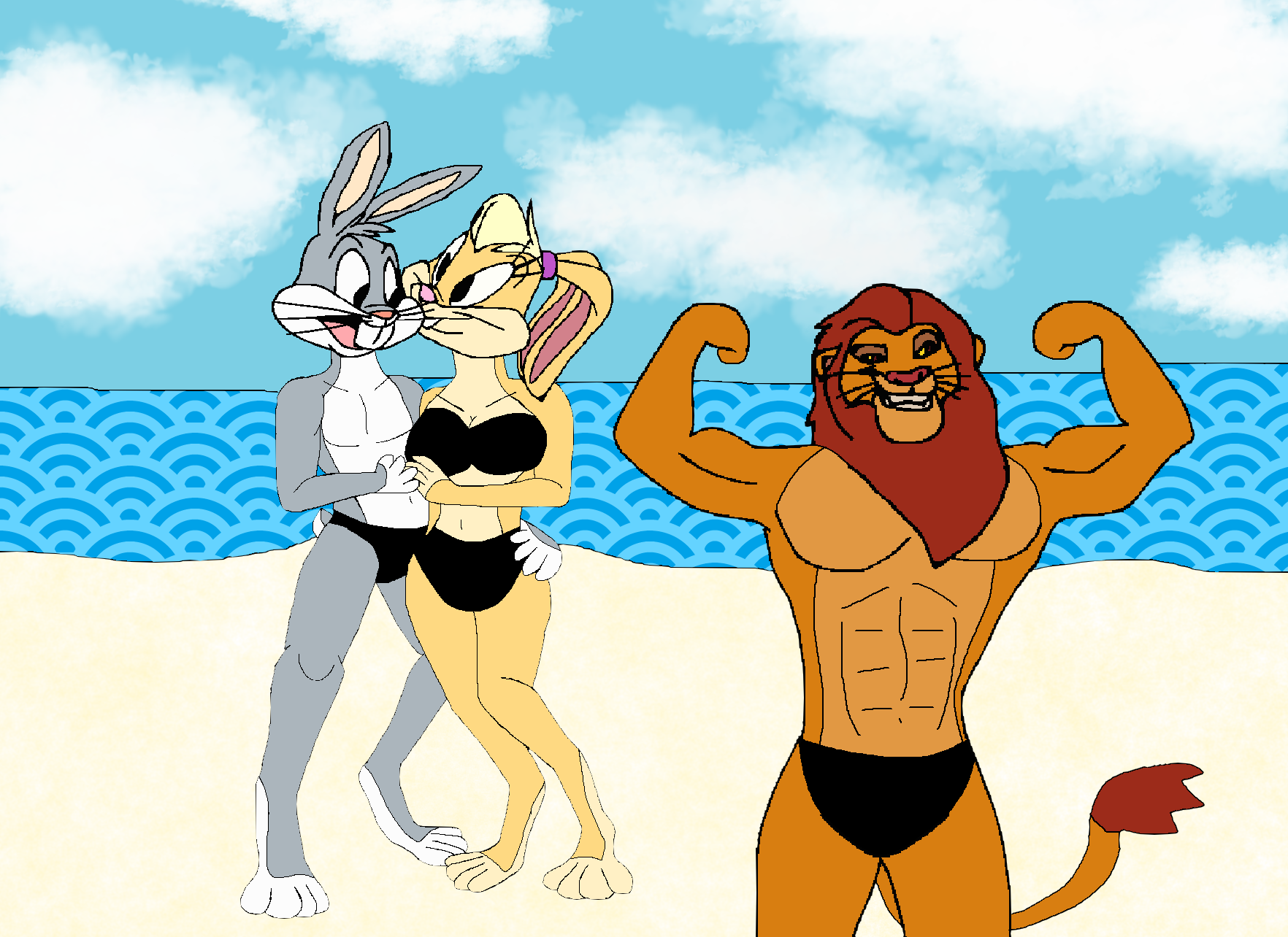 Bugs and Lola Bunny with Mufasa at the beach by mojo1985 Fur