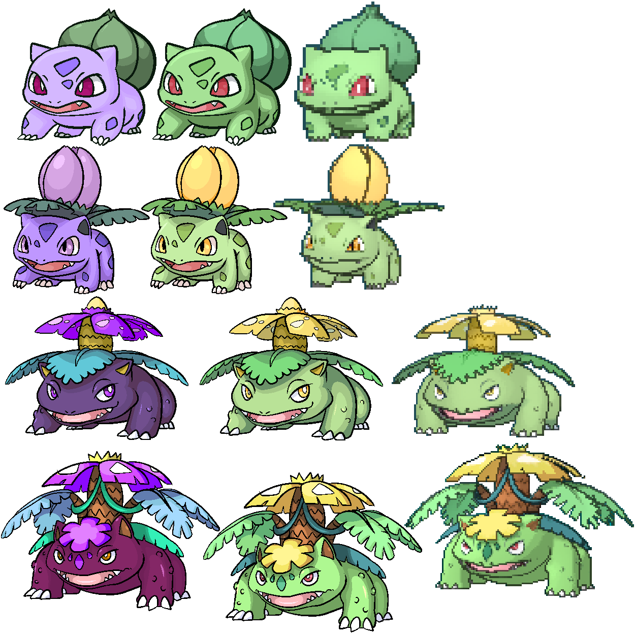 Shiny re-colour: Bulbasaur line (gen 2 forced evo) by ShinyDexProject on  DeviantArt