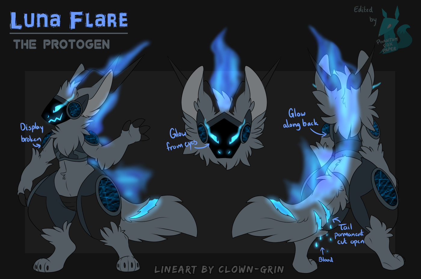 Anthro protogen with blue accents and unique horns and tail