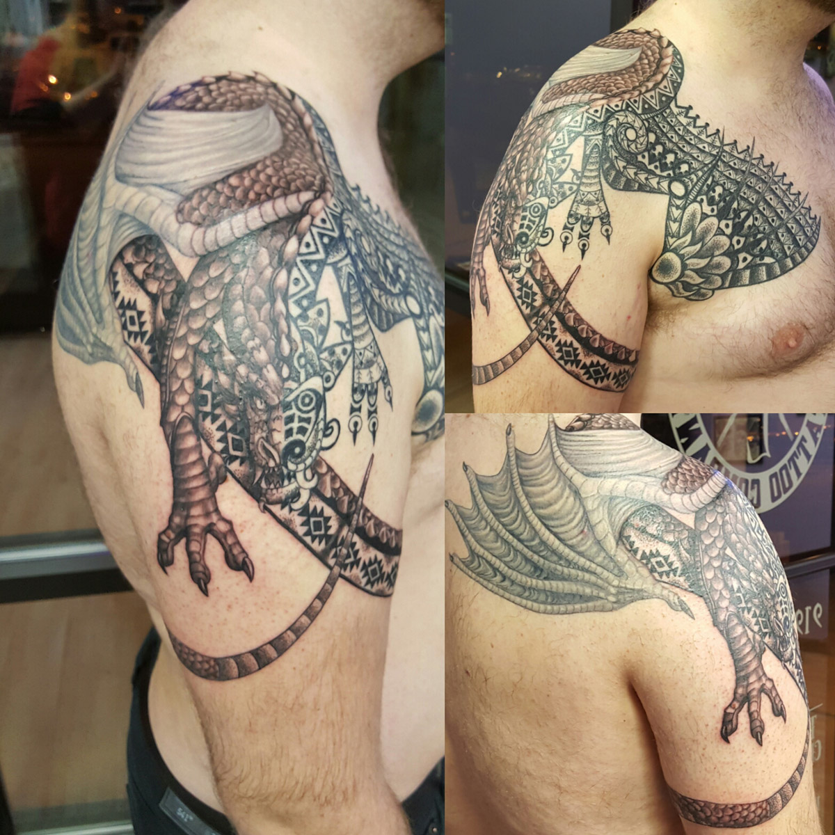 Dragon on Chest + Shoulder [Black and Grey] – Cry Babies Electric Tattooing