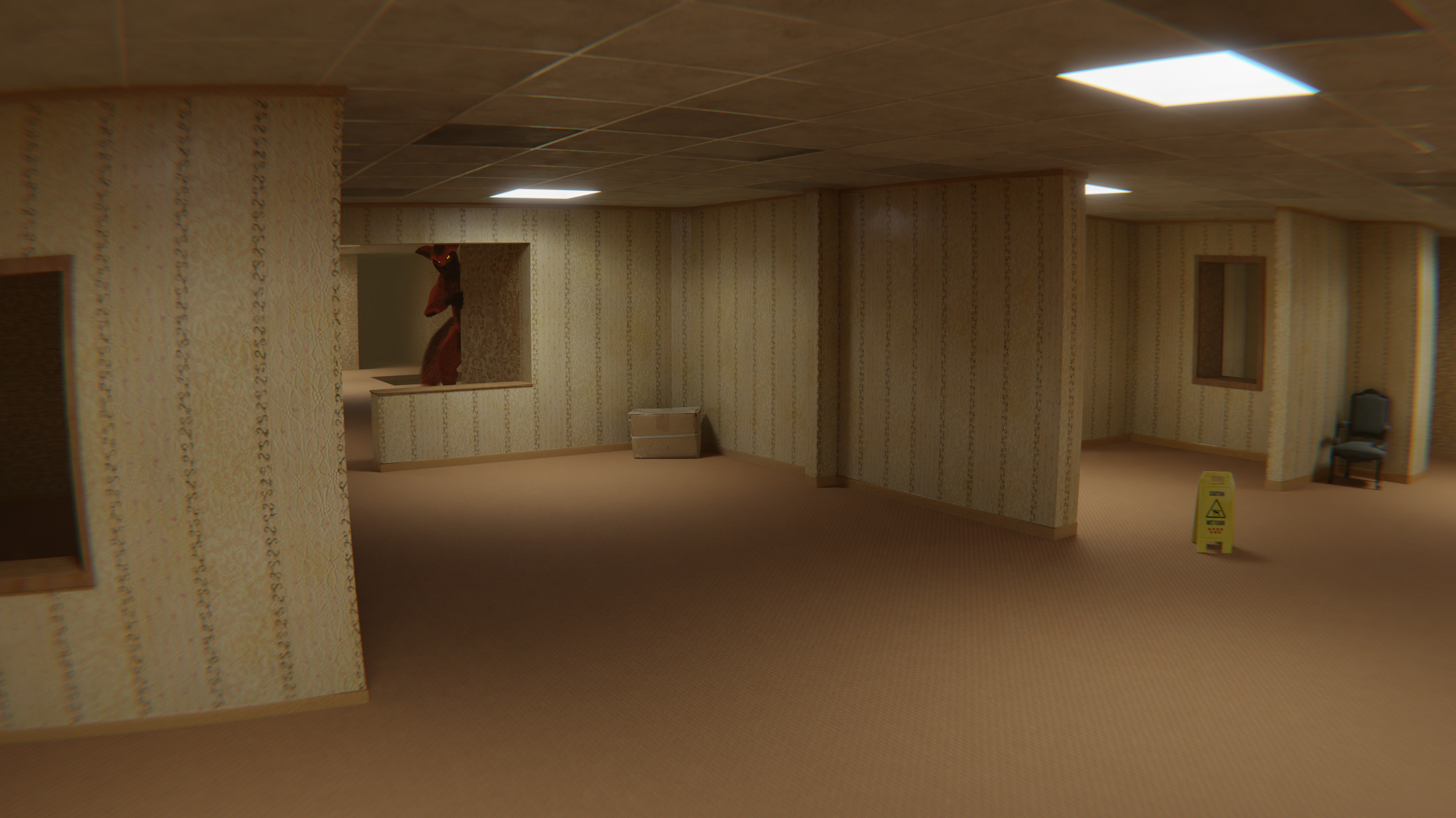 prompthunt: backrooms monster lingering around the corner. 8 k render.  photorealistic.