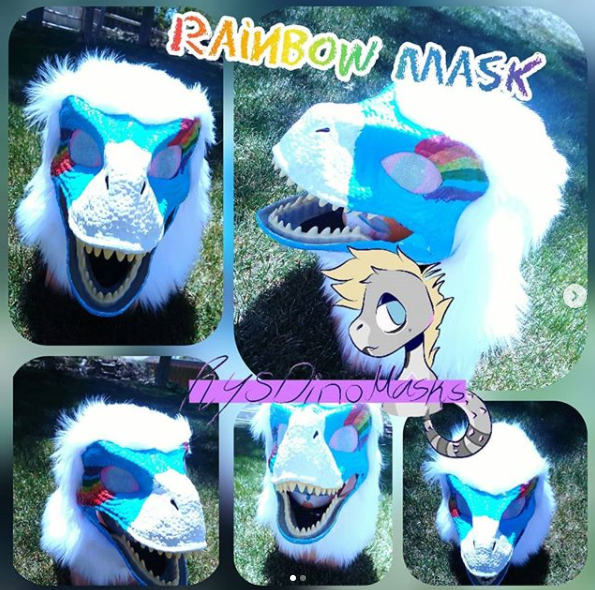Blue And White Furry Dino Mask