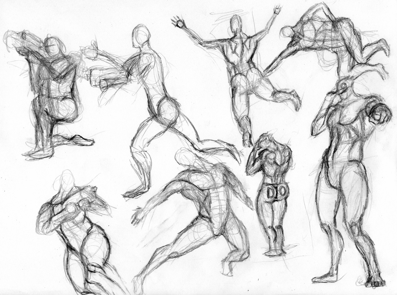 First time gesture drawing, anatomy is wonky, but that's gesture drawing! I  think by page 4 i got more into the flow of things. Any tips? :  r/learntodraw