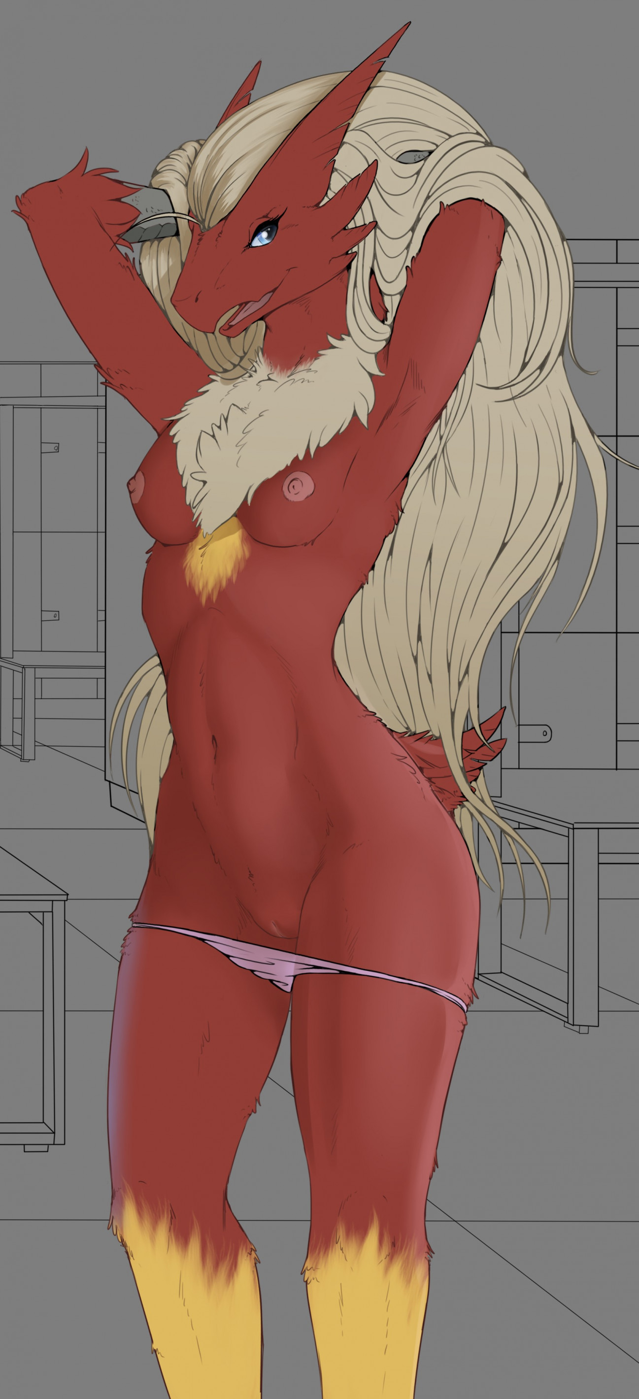 Rule 34 Absurd Res Anthro Avian Blaziken Blonde Hair Blue Eyes Breasts Chest Tuft Clothed