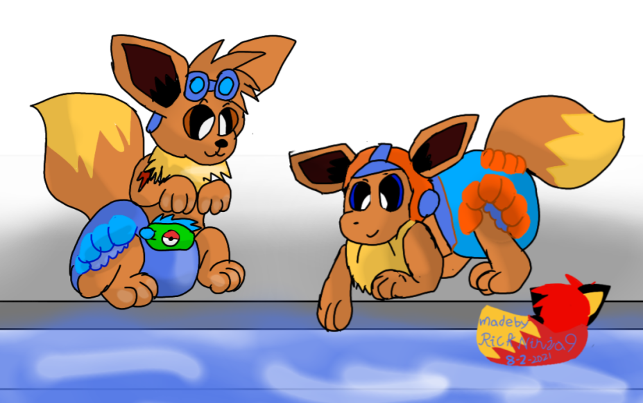 eevee, lucas, volkner, and flint (pokemon and 2 more) drawn by oshi_taberu