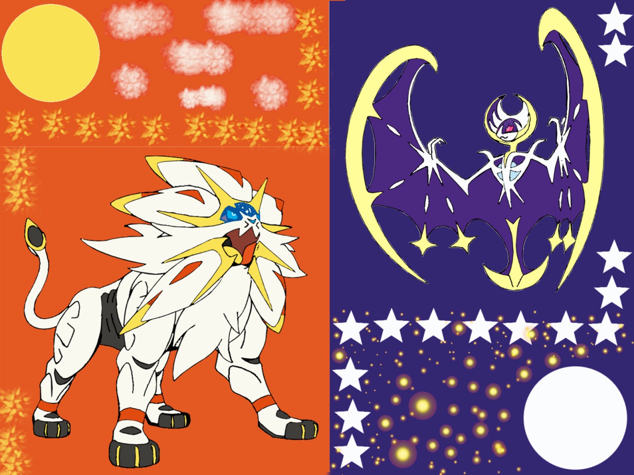 lunala and solgaleo (pokemon and 2 more) drawn by sayona_laglarge
