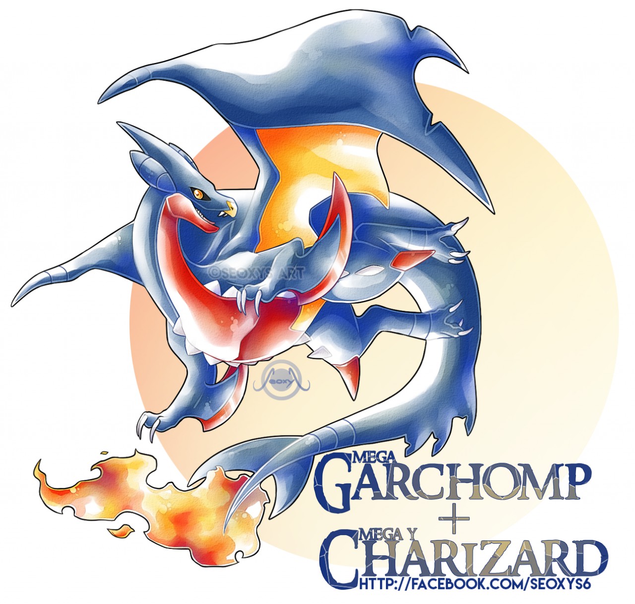 Illustration of a fusion between mega charizard y and mega charizard x