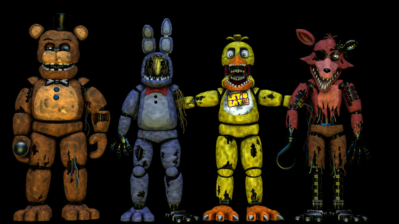 WITHERED FREDDY, WITHERED CHICA, WITHERED BONNIE, WITHERED FOXY E