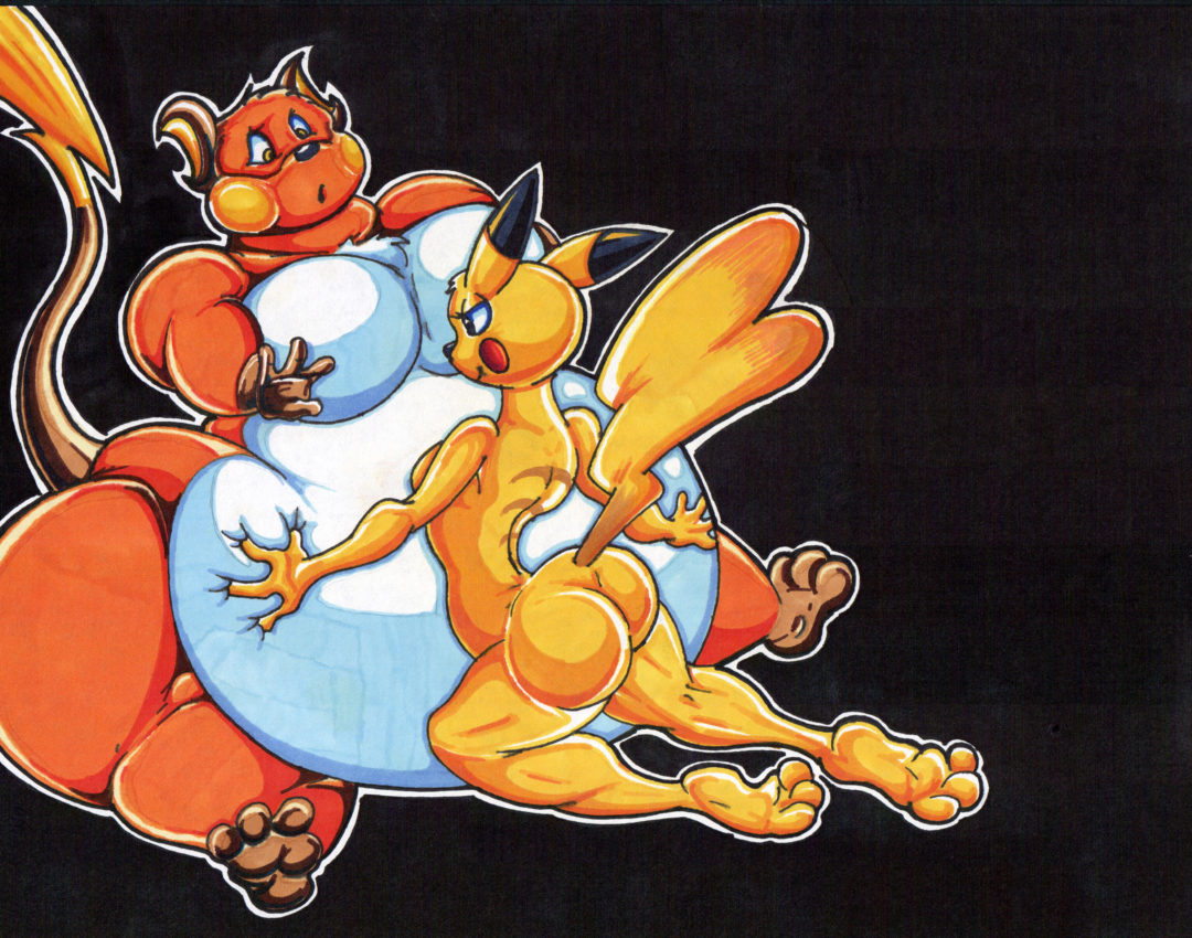 Pikachu Hugging Fat Raichu. 