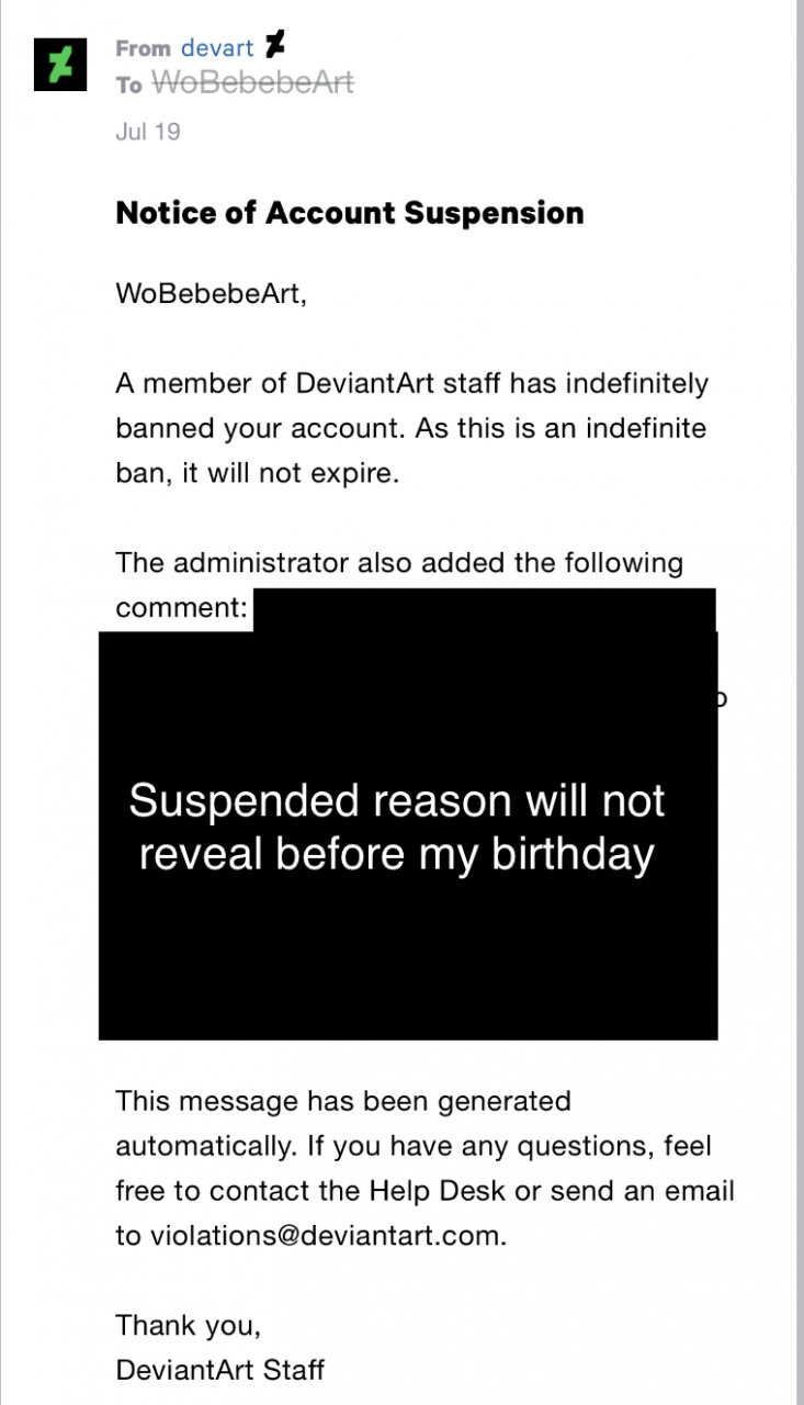 My deviantart notice of account suspension by WoBebebe -- Fur Affinity  [dot] net