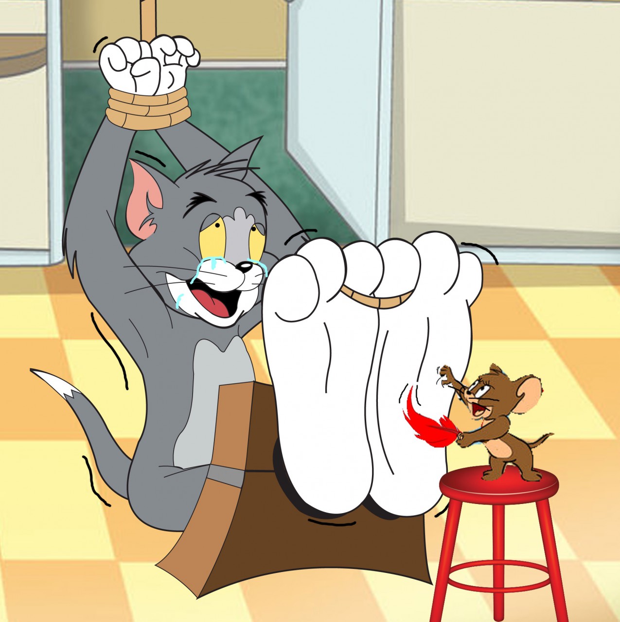 Jerry tickling Tom. 