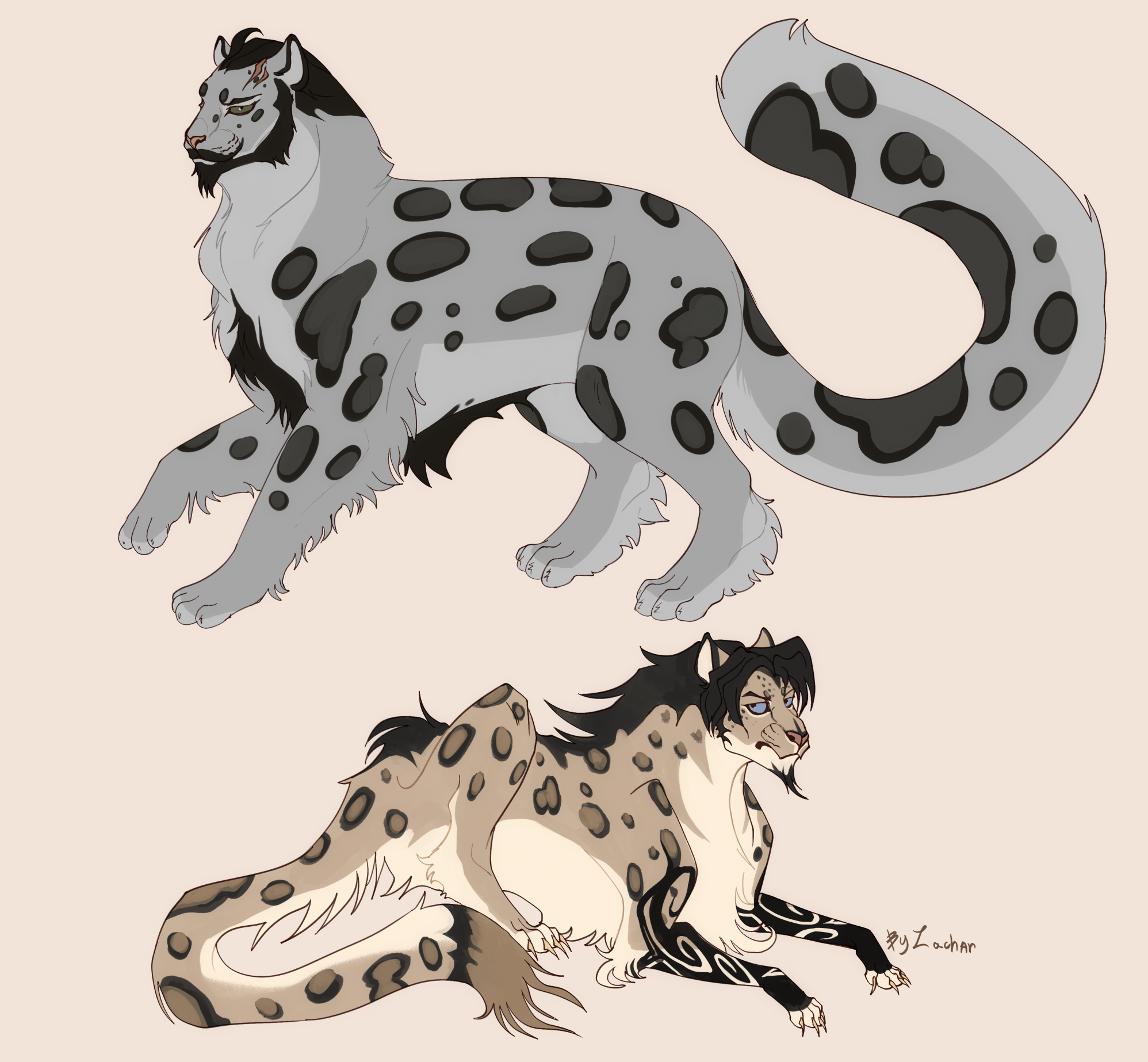 small-loris533: Snow leopard, fursona, black and blue fur, green eyes, full  body, anthropomorphic, no background, full body veiw, anime, female, 2D