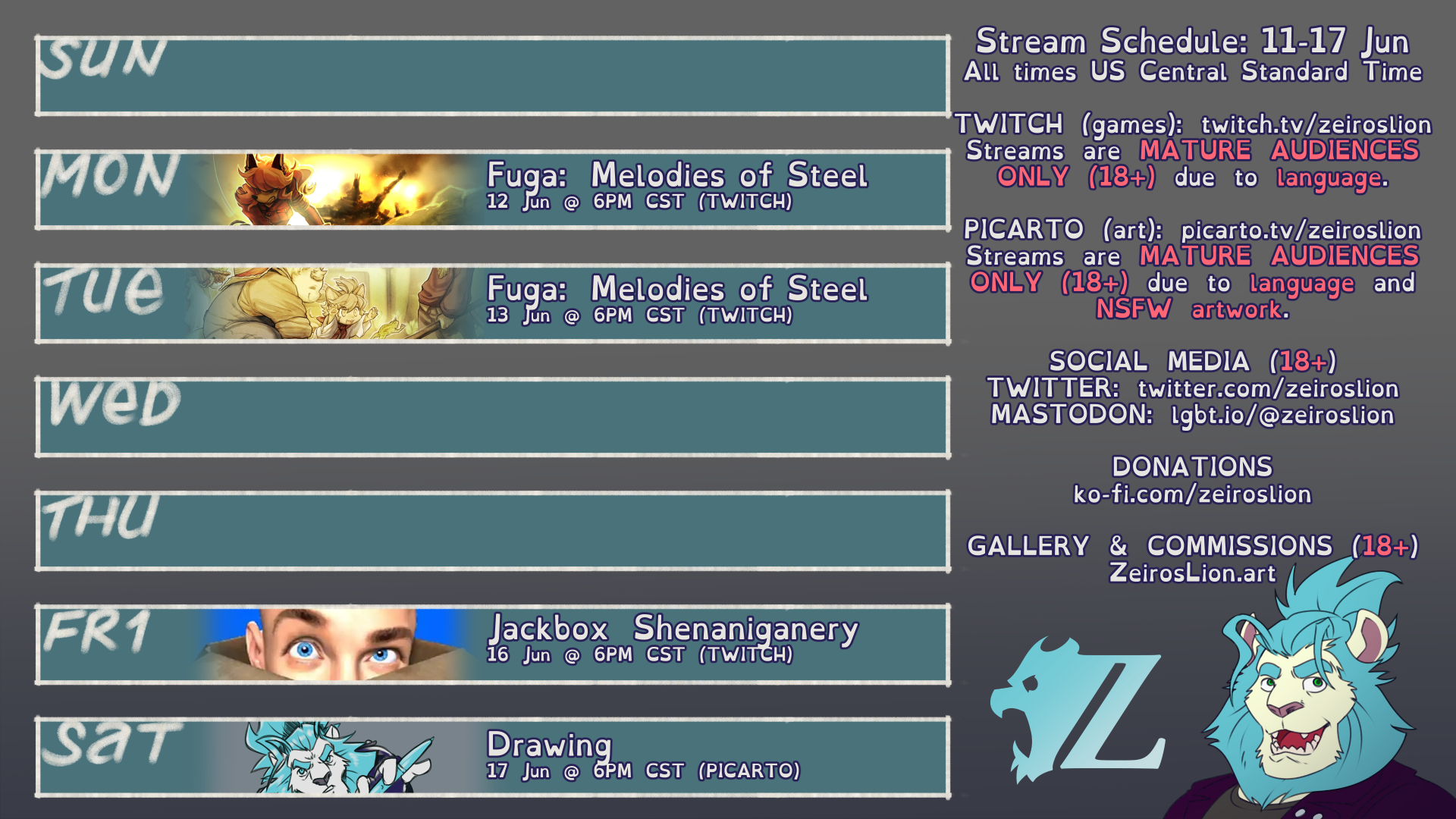 Stream Schedule 11 17 June 2023 by Zeiros Fur Affinity dot net